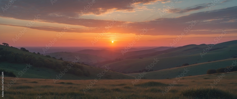 Poster serene sunset over rolling hills with clear space for text overlay in a tranquil landscape setting