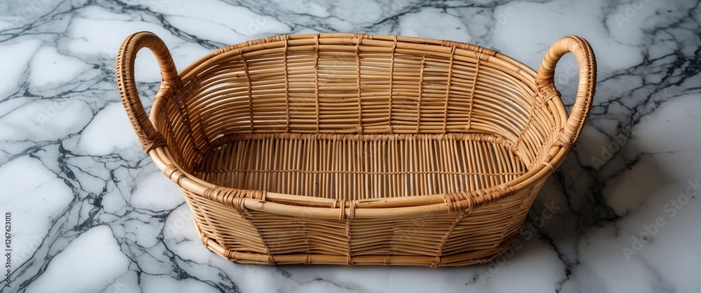 Poster handmade bamboo wicker basket on elegant marble surface with space for custom text or branding in st
