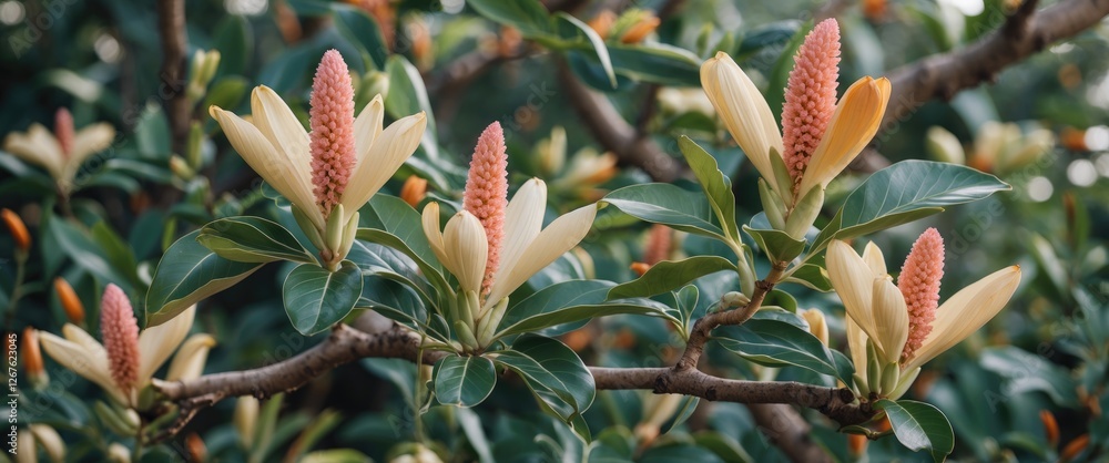 Poster kenanga flowers in full bloom on a branch with vibrant green leaves and empty copy space for text or
