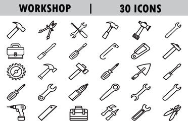 Workshop icons line art vector set. Containing business team building, meeting, managing, coaching, motivation, teamwork, and coaching. Outline illustration icon for web and app.