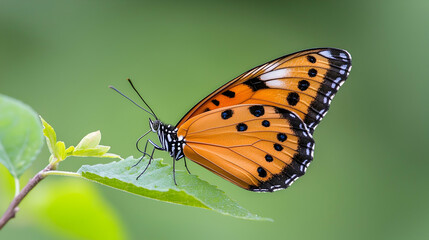 Obraz premium Orange butterfly resting on leaf, green background, nature photography, wildlife