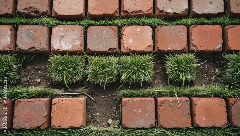 Poster textured brick pathway interspersed with patches of green grass creating a harmonious blend of natur