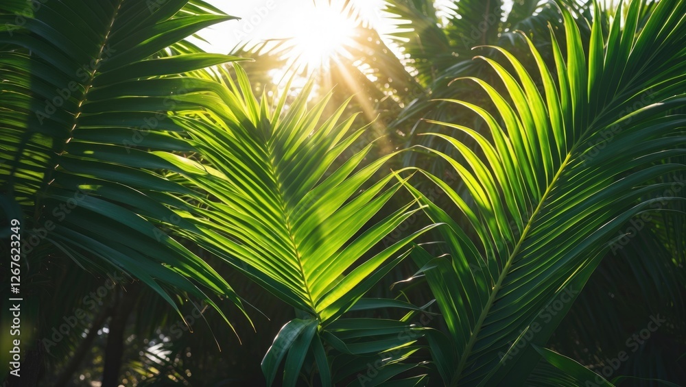 Poster lush green palm leaves illuminated by sunlight with sun rays creating a natural backdrop and space f