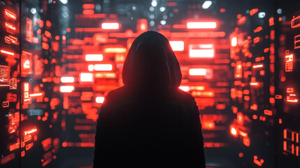 Anonymous hacker in a dark hoodie standing in front of a glowing red digital interface representing cybersecurity hacking cybercrime data breach encryption online threat and digital surveillance