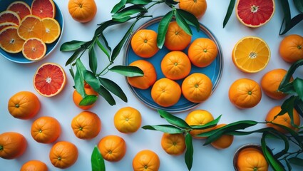 Vibrant Oranges And Citrus Fruits Surrounded By Green Leaves On A Bright Table Top View