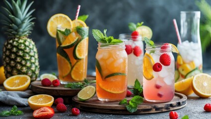 Refreshing Summer Drinks with Fruits and Herbs on a Rustic Wooden Tray with Empty Space for Text