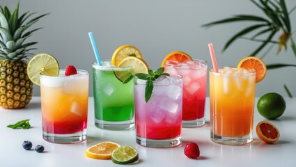 Fototapeta premium Colorful Summer Cocktails Displayed on White Table with Fresh Ingredients and Tropical Vibes Ideal for Seasonal Promotions and Events.