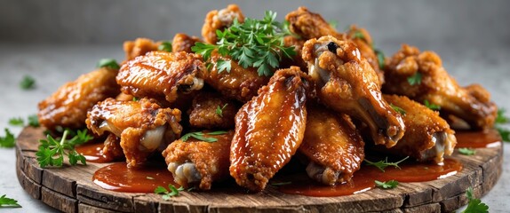 Crispy Fried Chicken Wings Drizzled with Savory Sauce on Wooden Board with Fresh Herbs and Empty Space for Copy or Text