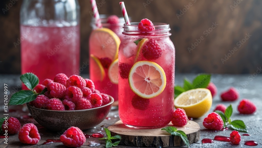 Poster refreshing homemade raspberry lemonade with fresh raspberries and lemons in jars on rustic table wit