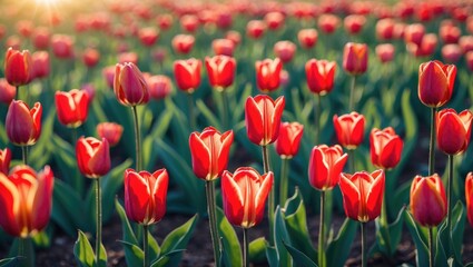 Obraz premium Vibrant Red Tulip Flower Field Bathed in Golden Sunlight Offering a Scenic Spring Landscape Ideal for Nature and Floral Themes
