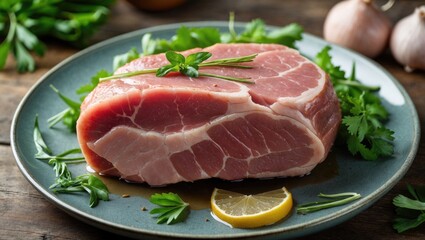 Fototapeta premium Fresh Pork Roast Garnished with Herbs and Lemon on a Rustic Plate Ready for Culinary Preparation