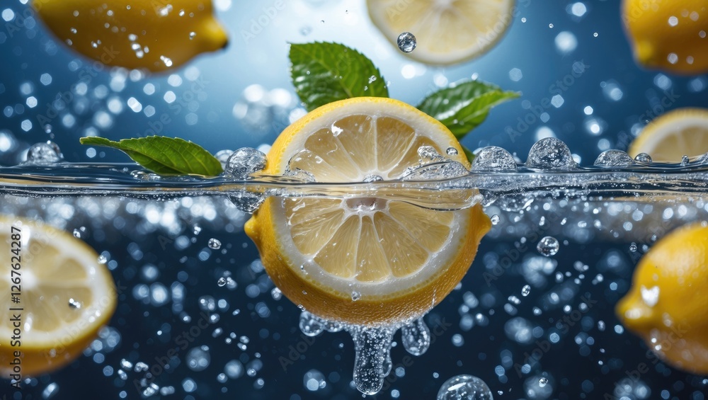 Aufkleber lemon and lime slices splash in sparkling water creating a refreshing beverage visual with vibrant b