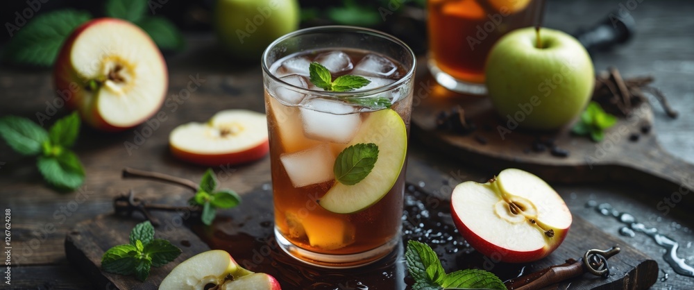 Poster refreshing iced tea with fresh apple slices and mint garnish on rustic wooden surface with copy spac