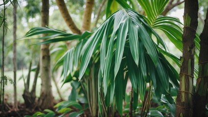 Obraz premium Fragrant Pandan Leaves Surrounded by Vibrant Greenery in a Natural Garden Setting Ideal for Culinary and Herbal Uses.