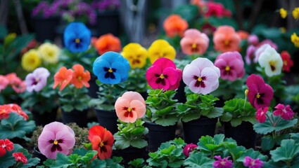 Obraz premium Vibrant garden showcasing a variety of colorful pansy flowers blooming in pots surrounded by lush green foliage in a serene outdoor setting.