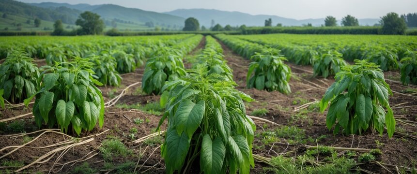 Lush Genjer plants thriving in expansive fields with serene landscapes and ample space for adding text or branding.