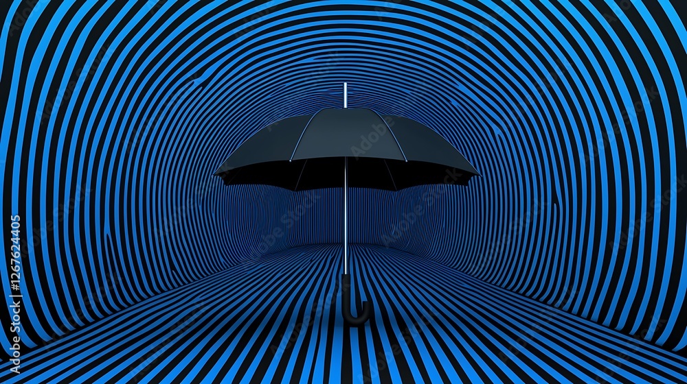 Poster a black umbrella stands centered in a vibrant blue tunnel with concentric stripes, creating a striki