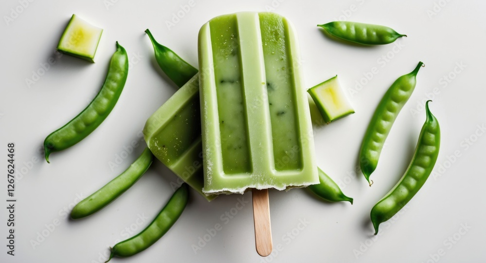 Poster green bean popsicle surrounded by fresh peas on a bright white background with space for copy or tex