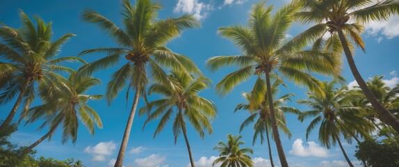 Fototapeta premium Tropical Paradise with Lush Green Coconut Trees Against a Clear Blue Sky and Bright Sunshine