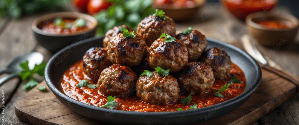 Poster grilled meatballs served in spicy sauce on rustic wooden table with fresh herbs and empty space for 
