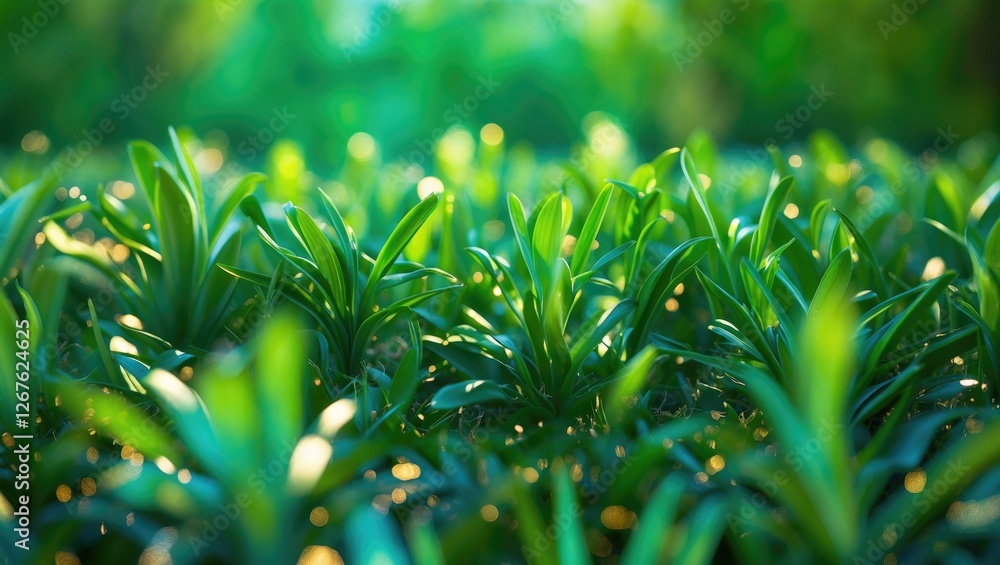 Poster lush green abstract background with delicate leaf details and soft focus in natural light