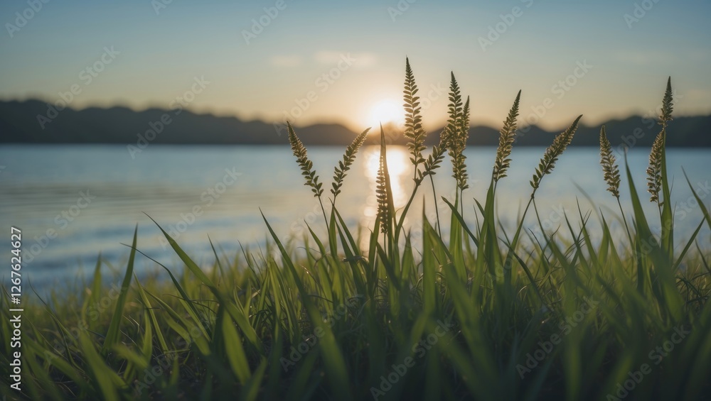 Aufkleber Sunset Over Lake With Silhouetted Grass In Foreground And Copy Space For Text In Natural Scenic Setting