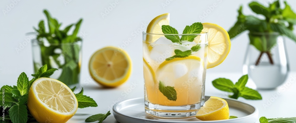 Poster refreshing glass of lemonade with mint and lemon slices on a table with fresh mint leaves and sliced
