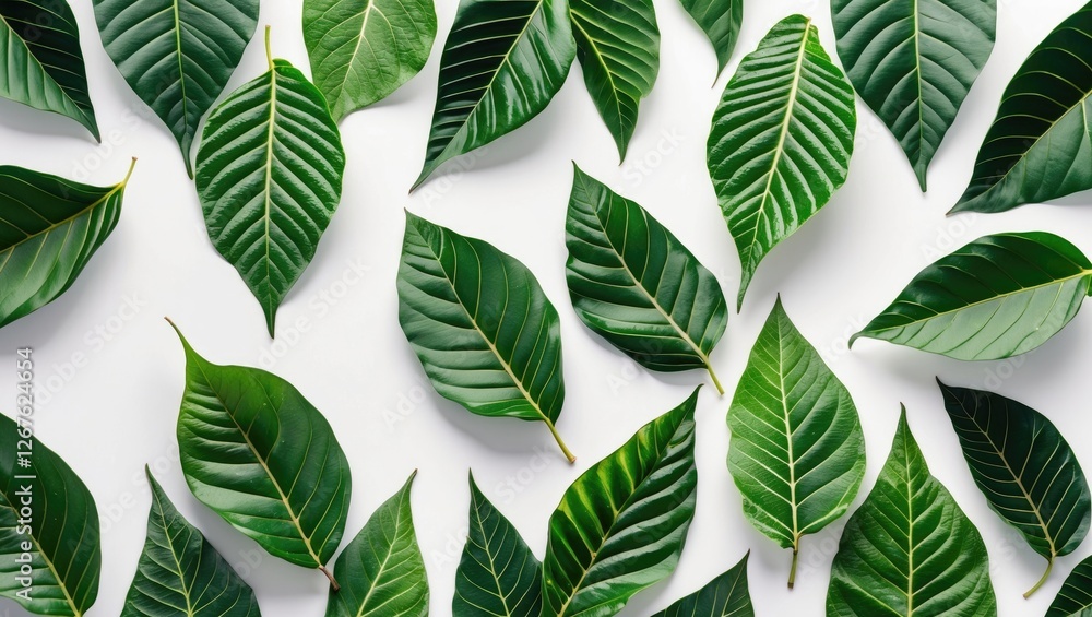 Poster Vibrant Green Leaf Pattern On White Background With Clipping Path Offering Ample Copy Space For Text And Design Applications