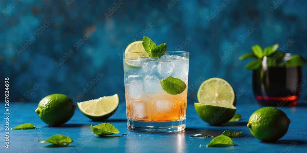 Poster refreshing cocktail with lime garnishes on vibrant blue background creating a perfect summer drink s