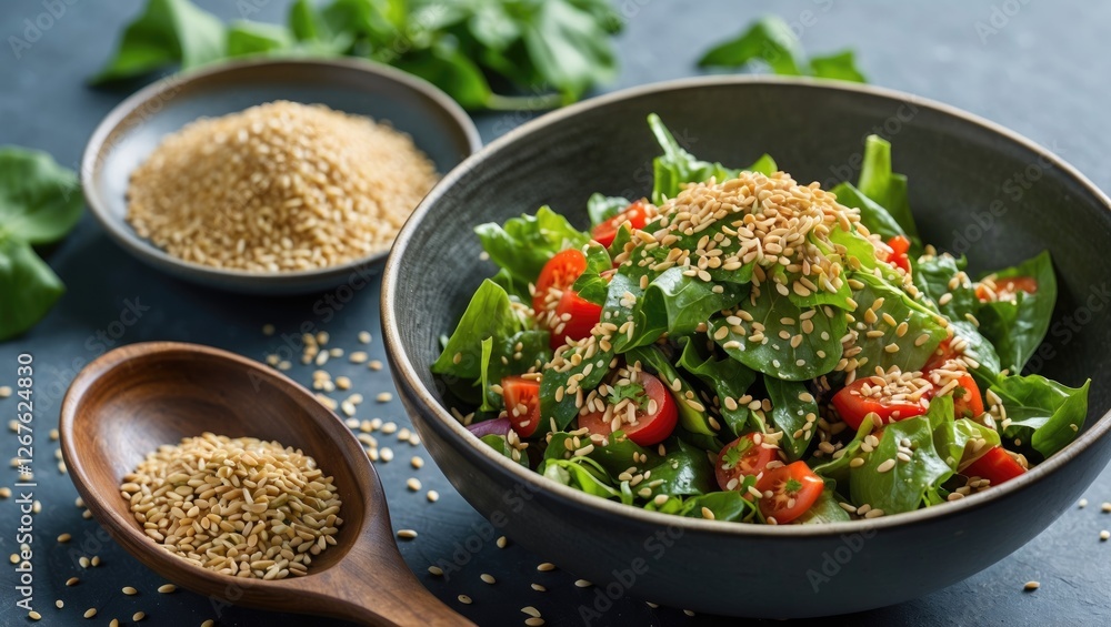 Poster fresh chuka salad topped with sesame seeds in bowl with wooden spoon and empty space for text decora