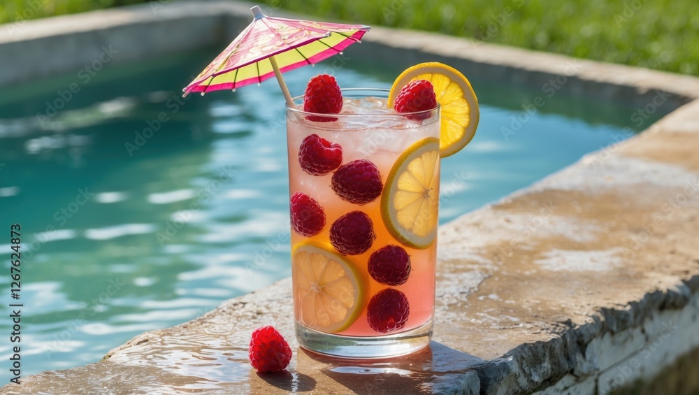 Poster refreshing citrus punch with raspberries and lemon slices garnished by a mini umbrella beside a shim