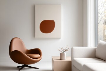 modern living room interior with brown chair and abstract art.