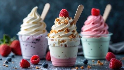 Delicious assortment of frozen yogurt ice cream cups topped with berries and crunchy toppings on a dark background.