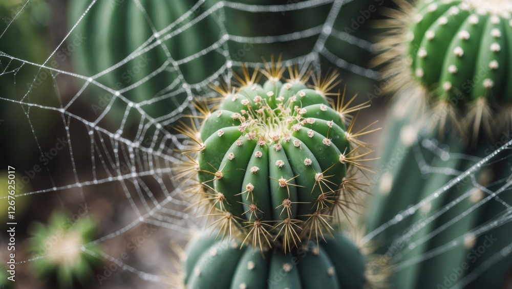 Poster closeup of green cactus with spines and spider webs glimmering in natural light capturing intricate 