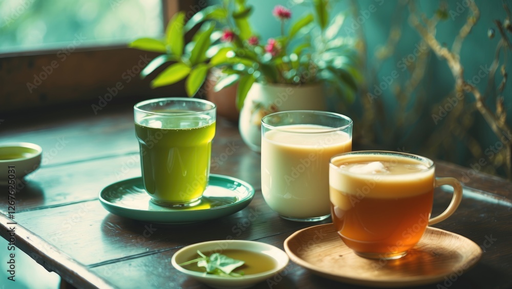 Poster refreshing green tea and cold milk tea served on wooden table with fresh plants and empty space for 
