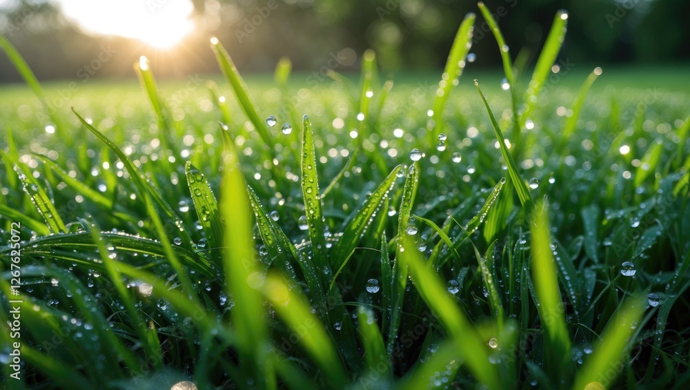 Aufkleber morning dew on lush green grass sparkling in sunlight captured with shallow depth of field in a natu