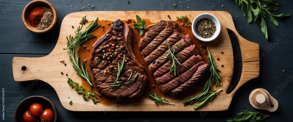 Poster grilled beef steak seasoned with spices and fresh herbs on a wooden board with copy space for text i