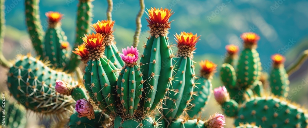 Fototapete vibrant green cactus with colorful blossoms and spines against a natural background featuring space 
