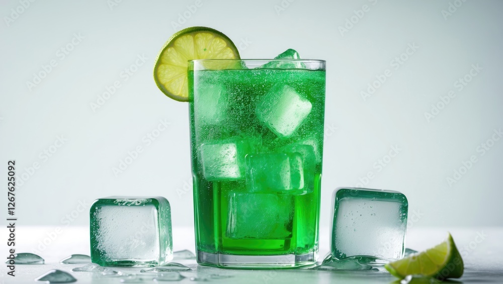 Aufkleber refreshing green carbonated drink with ice cubes and lime slice on a clean background