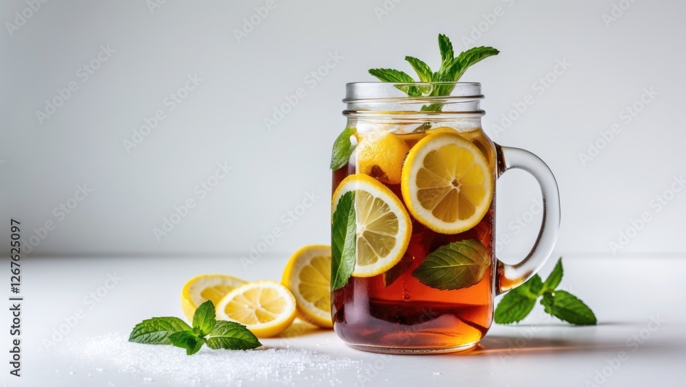 Poster iced tea in a glass jar with lemon slices and fresh mint leaves on a bright background with space fo