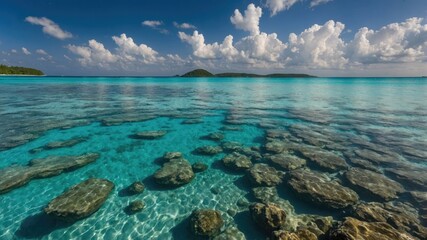Obraz premium Serene Turquoise Seascape with Clear Waters and Rocky Bottom Under a Bright Blue Sky with Fluffy Clouds.