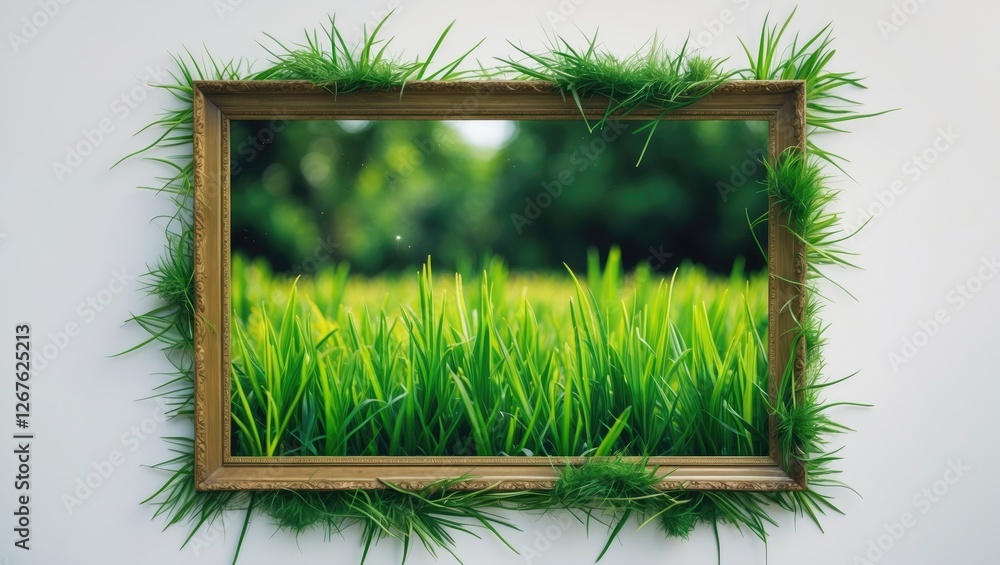 Poster framed fresh green grass on white background with space for customizable text for nature themes or e