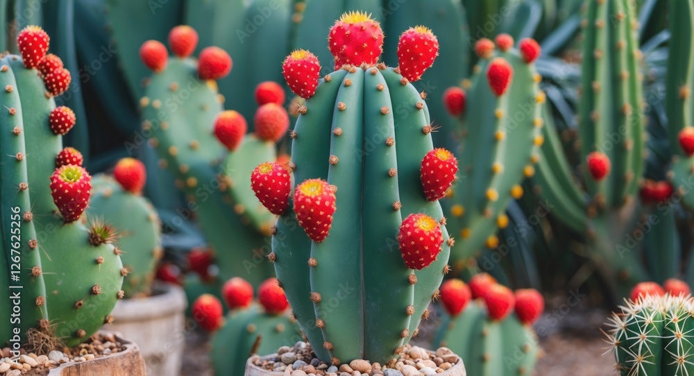 Poster Vibrant Green Cactus with Red Fruits Surrounded by Succulent Landscape Perfect for Nature and Botany Themes with Space for Text