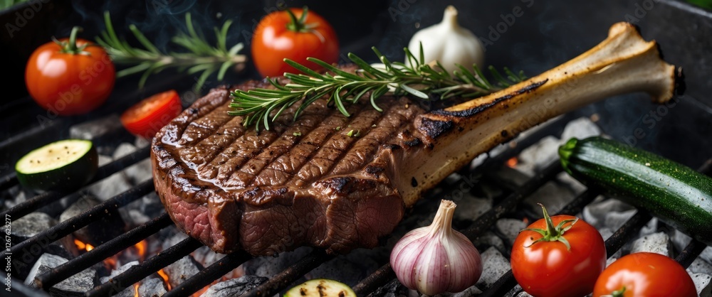 Poster Grilled Beef Steak On Bone Surrounded By Vegetables And Herbs Over Charcoal With Blank Space For Custom Text Usage