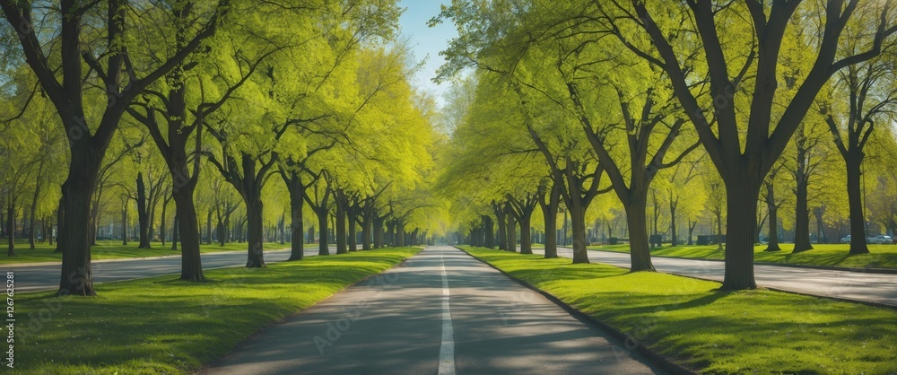 Poster tranquil spring park scene with lush green trees flanking a paved road and ample space for text over