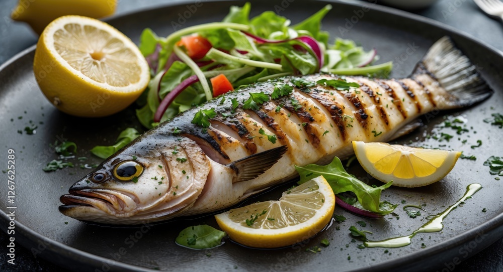 Aufkleber grilled seabass with lemon and fresh salad on dark plate featuring empty space for text above or bel