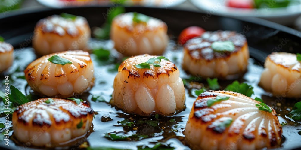 Poster grilled scallops on black plate delicious seafood dish with fresh herbs and empty space for copy in 