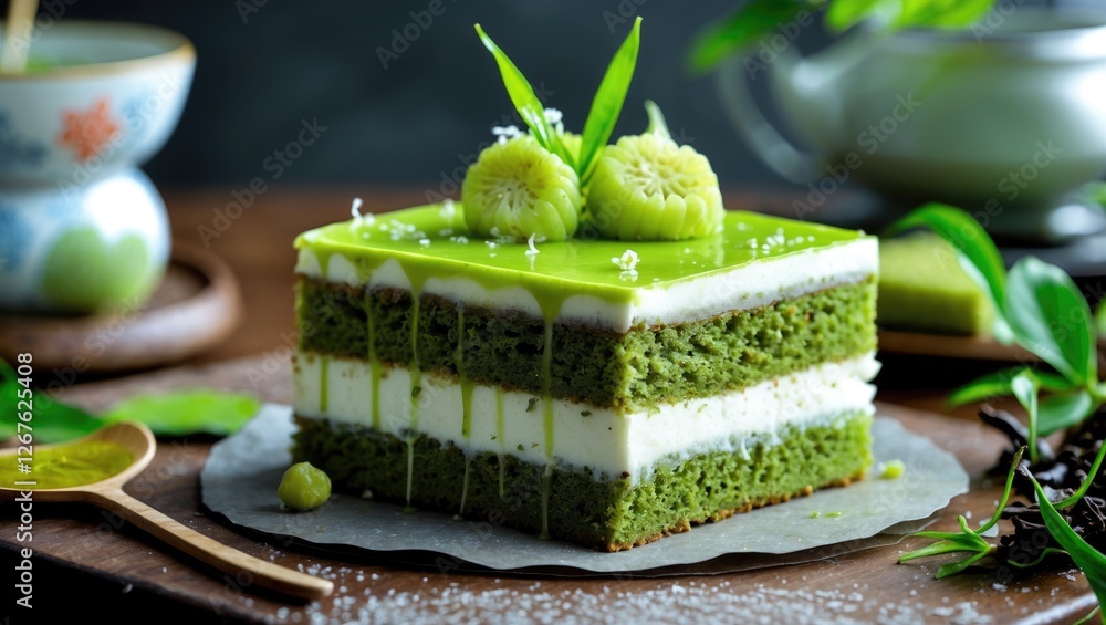 Poster delicious matcha green tea layered cake with cream filling and decorative toppings on rustic wooden 