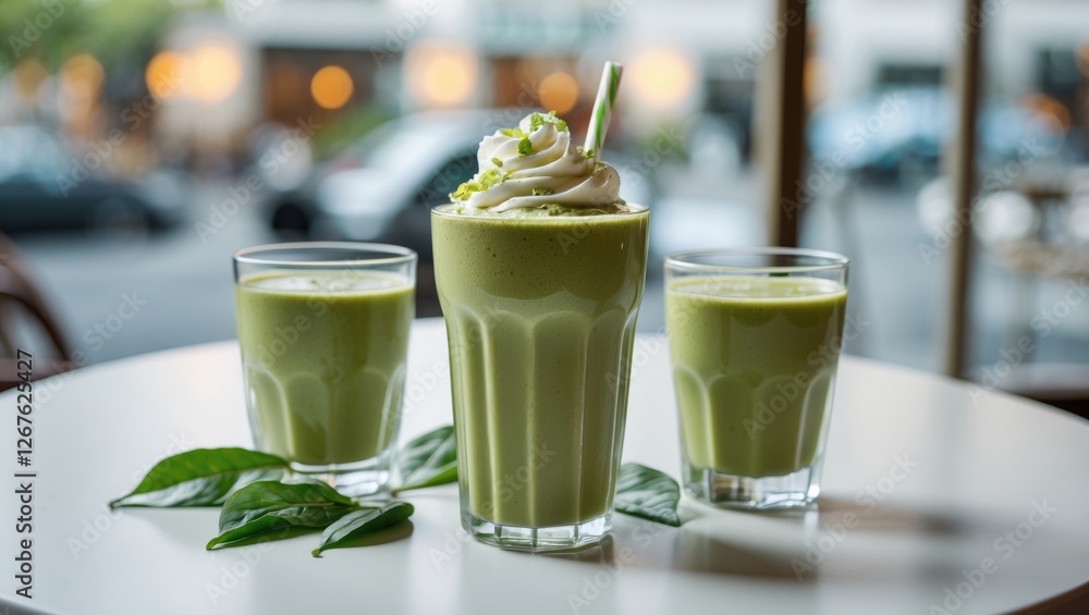 Poster Refreshing green tea smoothie trio served in a cafe setting with empty space for text highlighting a healthy beverage choice.