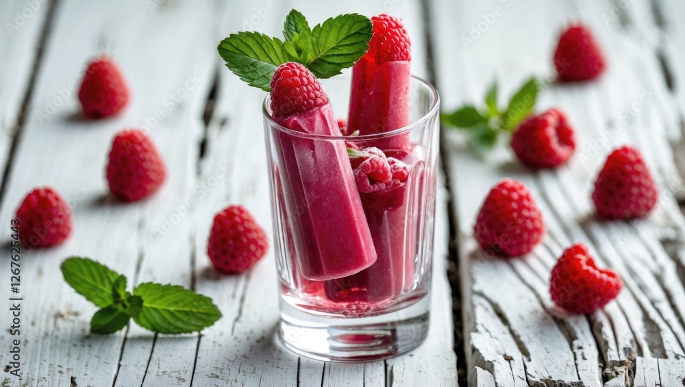 Poster summer refreshing raspberry popsicle in glass with raspberries and mint on rustic wooden background 